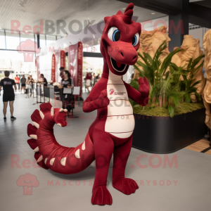 Maroon Seahorse mascot costume character dressed with a Yoga Pants and Ties