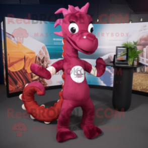 Maroon Seahorse mascot costume character dressed with a Yoga Pants and Ties