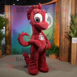 Maroon Seahorse mascot costume character dressed with a Yoga Pants and Ties