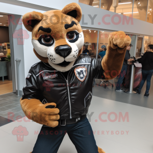 Brown Mountain Lion mascot costume character dressed with a Leather Jacket and Watches