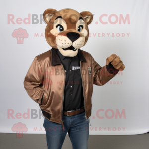 Brown Mountain Lion mascot costume character dressed with a Leather Jacket and Watches