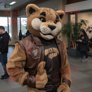 Brown Mountain Lion mascot costume character dressed with a Leather Jacket and Watches