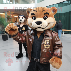 Brown Mountain Lion mascot costume character dressed with a Leather Jacket and Watches