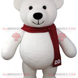 Mascotte d'ours blanc avec une écharpe rouge - Redbrokoly.com