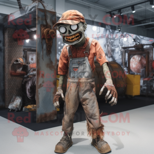Rust Undead mascot costume character dressed with a Overalls and Shoe laces