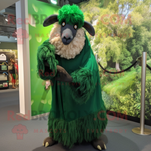 Forest Green Merino Sheep mascot costume character dressed with a Maxi Dress and Rings