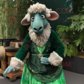 Forest Green Merino Sheep mascot costume character dressed with a Maxi Dress and Rings