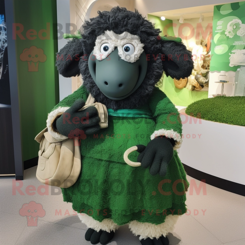 Forest Green Merino Sheep mascot costume character dressed with a Maxi Dress and Rings