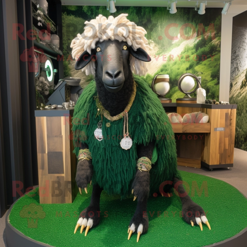 Forest Green Merino Sheep mascot costume character dressed with a Maxi Dress and Rings