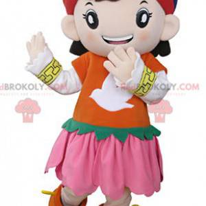 Menina mascote vestida com uma roupa oriental colorida -