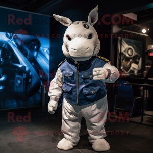 Navy Rhinoceros mascot costume character dressed with a Bodysuit and Watches