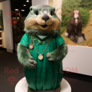 Forest Green Marmot mascot costume character dressed with a Mini Dress and Necklaces