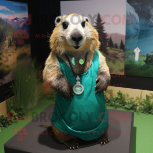 Forest Green Marmot mascot costume character dressed with a Mini Dress and Necklaces