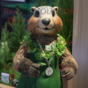 Forest Green Marmot mascot costume character dressed with a Mini Dress and Necklaces