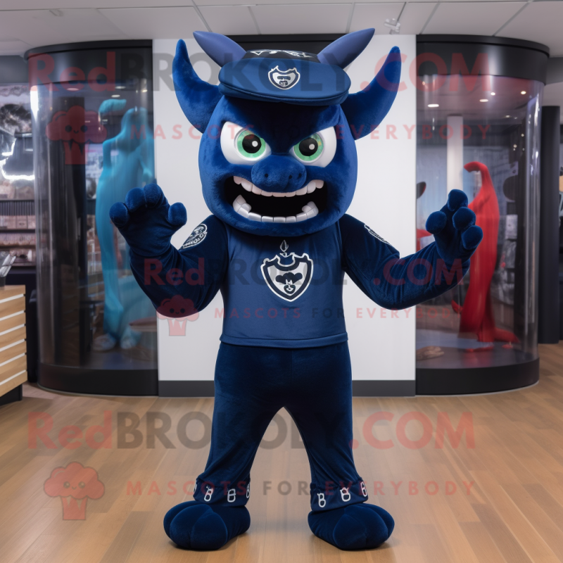 Navy Devil mascot costume character dressed with a Jeggings and Beanies Navy Devil mascot costume character dressed with a Jeggings and Beanies