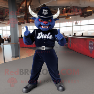 Navy Devil mascot costume character dressed with a Jeggings and Beanies