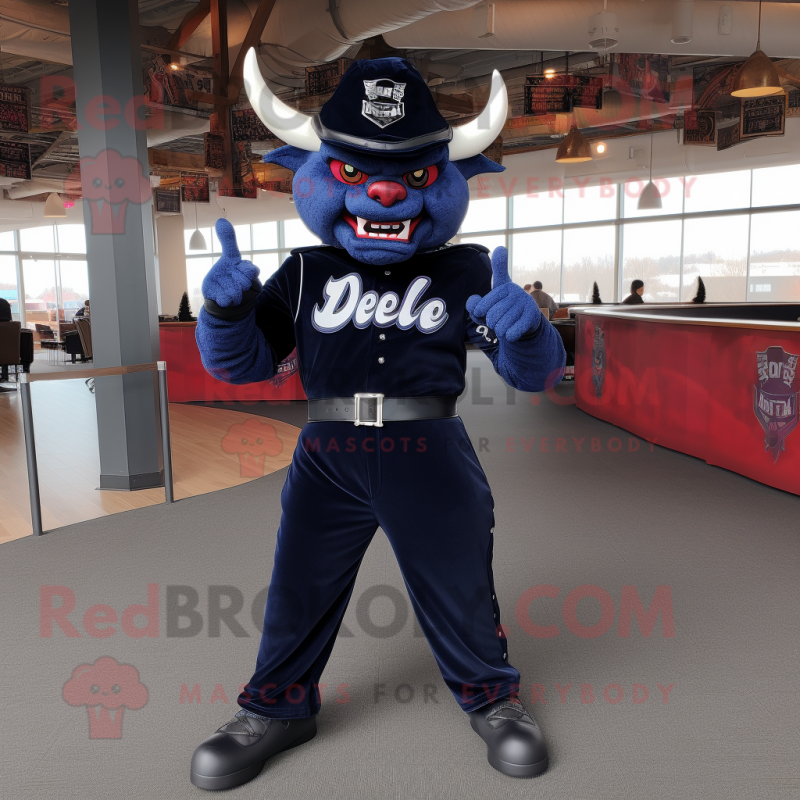 Navy Devil mascot costume character dressed with a Jeggings and Beanies Navy Devil mascot costume character dressed with a Jeggings and Beanies