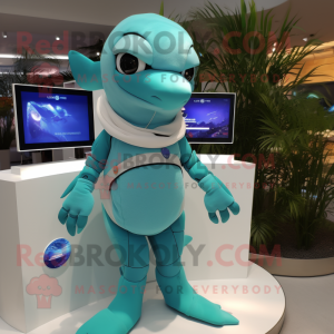 Turquoise Dolphin mascot costume character dressed with a Bikini and Digital watches