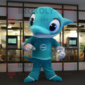 Turquoise Dolphin mascot costume character dressed with a Bikini and Digital watches