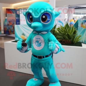 Turquoise Dolphin mascot costume character dressed with a Bikini and Digital watches