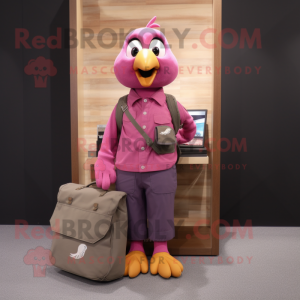 Magenta Dove mascot costume character dressed with a Cargo Pants and Tote bags