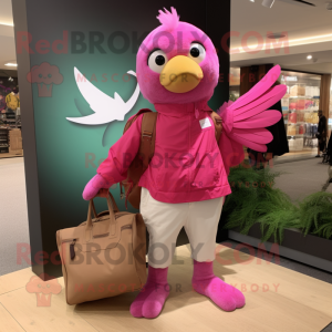 Magenta Dove mascot costume character dressed with a Cargo Pants and Tote bags