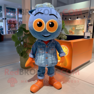 Orange Television mascot costume character dressed with a Denim Shirt and Shawls