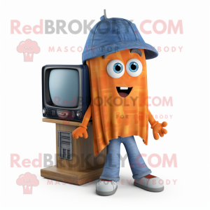 Orange Television mascot costume character dressed with a Denim Shirt and Shawls