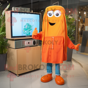 Orange Television mascot costume character dressed with a Denim Shirt and Shawls