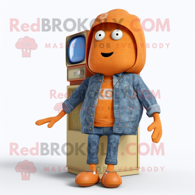 Orange Television mascot costume character dressed with a Denim Shirt and Shawls Orange Television mascot costume character dressed with a Denim Shirt and Shawls