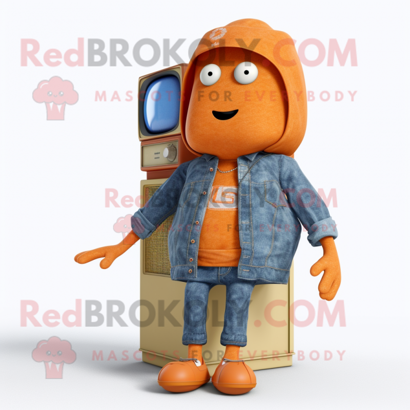 Orange Television mascot costume character dressed with a Denim Shirt and Shawls