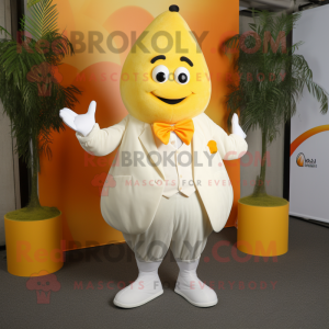 Cream Mango mascot costume character dressed with a Culottes and Cufflinks