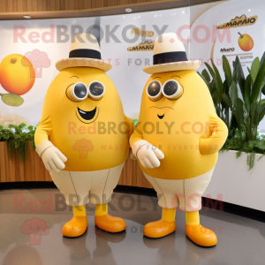 Cream Mango mascot costume character dressed with a Culottes and Cufflinks