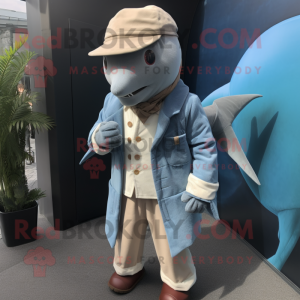 nan Swordfish mascot costume character dressed with a Corduroy Pants and Cufflinks