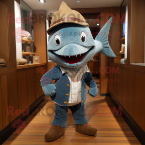 nan Swordfish mascot costume character dressed with a Corduroy Pants and Cufflinks