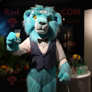 Turquoise Tamer Lion mascot costume character dressed with a Cocktail Dress and Suspenders