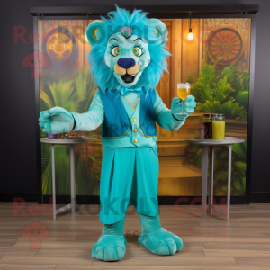 Turquoise Tamer Lion mascot costume character dressed with a Cocktail Dress and Suspenders