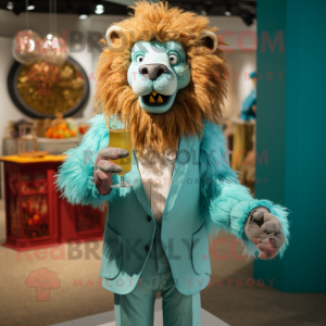 Turquoise Tamer Lion mascot costume character dressed with a Cocktail Dress and Suspenders