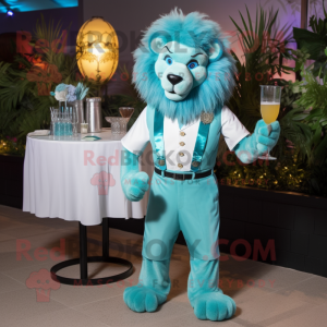 Turquoise Tamer Lion mascot costume character dressed with a Cocktail Dress and Suspenders