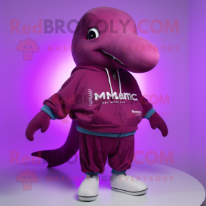 Magenta Humpback Whale mascot costume character dressed with a Sweatshirt and Belts