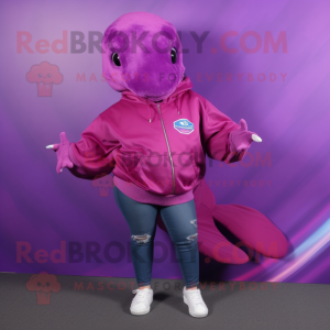 Magenta Humpback Whale mascot costume character dressed with a Sweatshirt and Belts