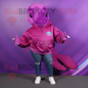 Magenta Humpback Whale mascot costume character dressed with a Sweatshirt and Belts