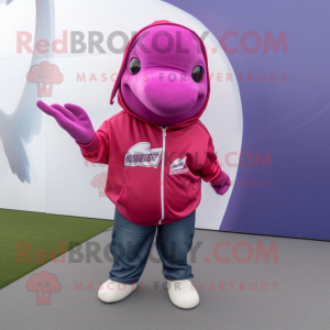 Magenta Humpback Whale mascot costume character dressed with a Sweatshirt and Belts