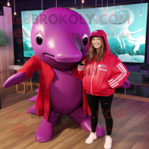 Magenta Humpback Whale mascot costume character dressed with a Sweatshirt and Belts