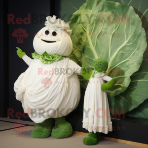 White Cabbage mascot costume character dressed with a Evening Gown and Watches