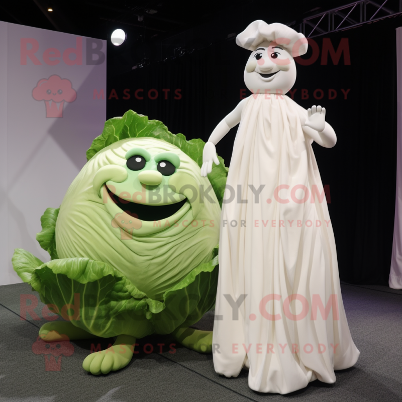 White Cabbage mascot costume character dressed with a Evening Gown and Watches White Cabbage mascot costume character dressed with a Evening Gown and Watches