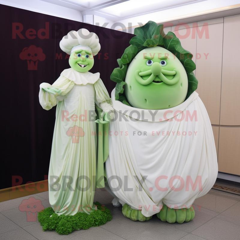 White Cabbage mascot costume character dressed with a Evening Gown and Watches White Cabbage mascot costume character dressed with a Evening Gown and Watches
