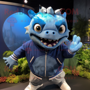 Blue Piranha mascot costume character dressed with a Sweatshirt and Rings