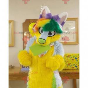 Mascote gato peludo amarelo verde e roxo