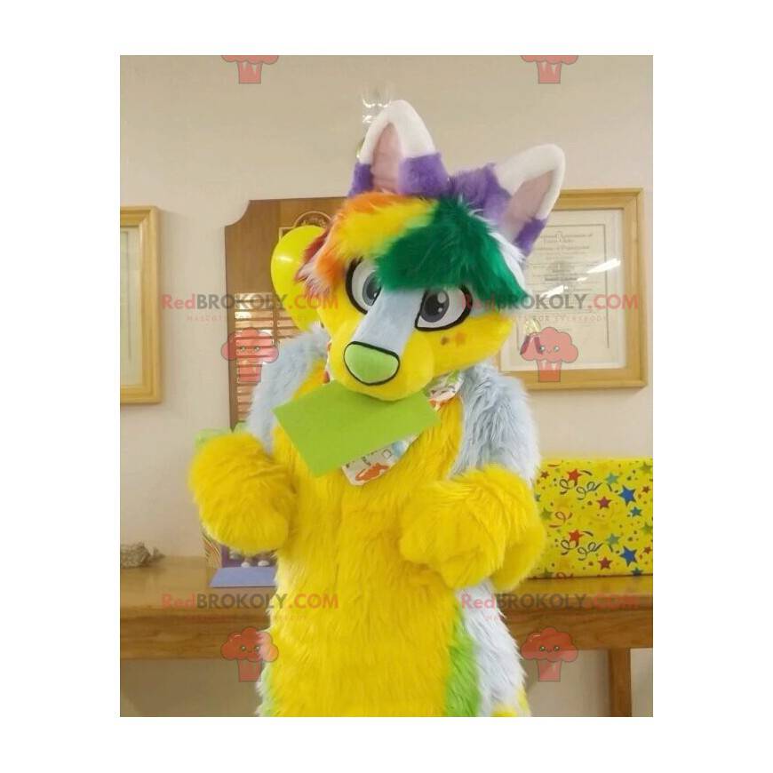Mascote gato peludo amarelo verde e roxo - Redbrokoly.com